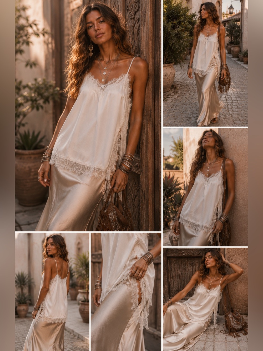 Ivory Satin Lace Cami Top | Eyelash Lace Side Slit | Boho Luxe Romantic Slip S